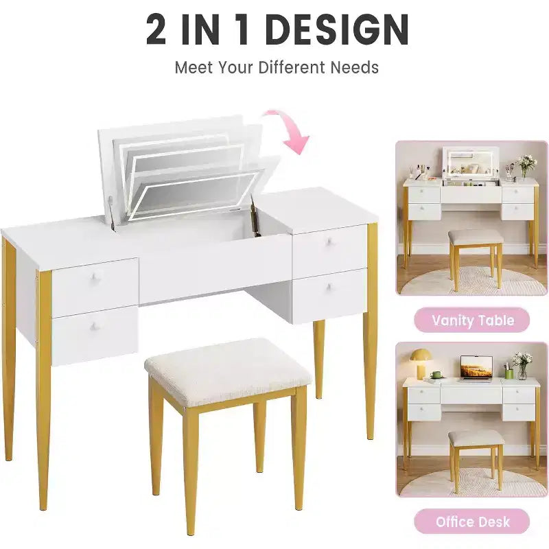 Coiffeuse de 47" avec miroir rabattable, ensemble de coiffeuse moderne avec chaise et 5 tiroirs pour chambre à coucher, dressing, vestiaire