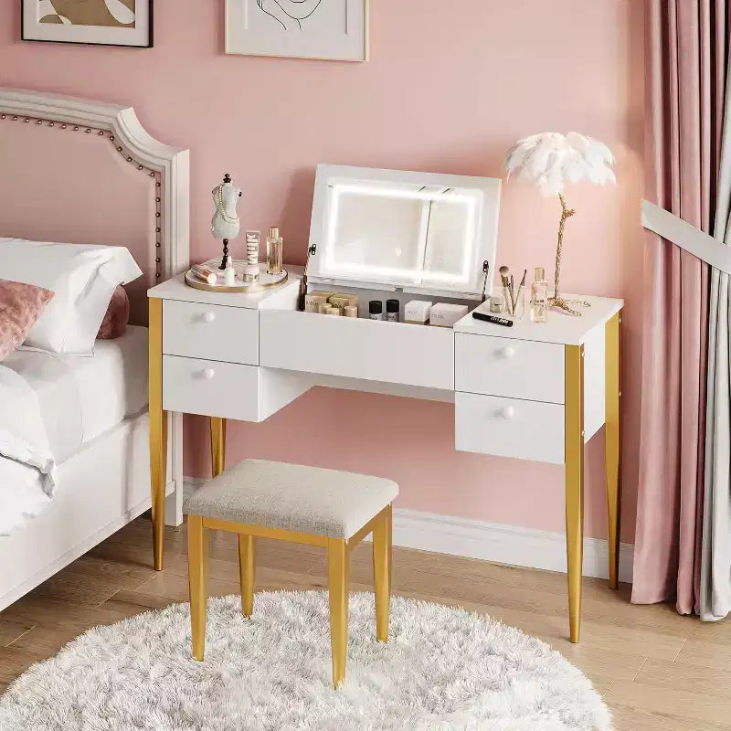 Coiffeuse de 47" avec miroir rabattable, ensemble de coiffeuse moderne avec chaise et 5 tiroirs pour chambre à coucher, dressing, vestiaire