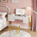 Coiffeuse de 47" avec miroir rabattable, ensemble de coiffeuse moderne avec chaise et 5 tiroirs pour chambre à coucher, dressing, vestiaire