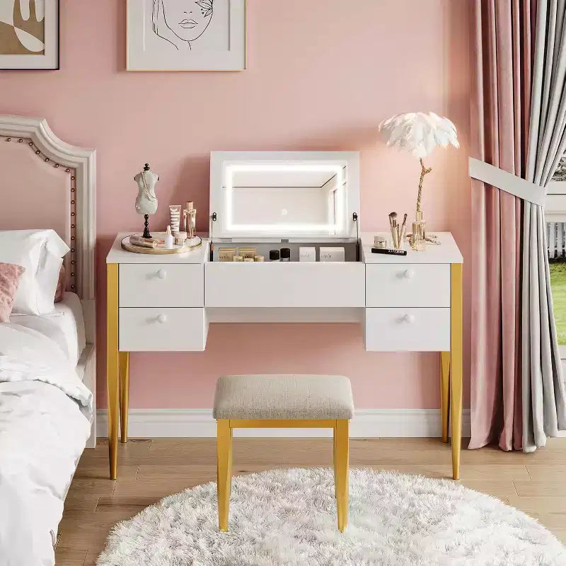 Coiffeuse de 47" avec miroir rabattable, ensemble de coiffeuse moderne avec chaise et 5 tiroirs pour chambre à coucher, dressing, vestiaire