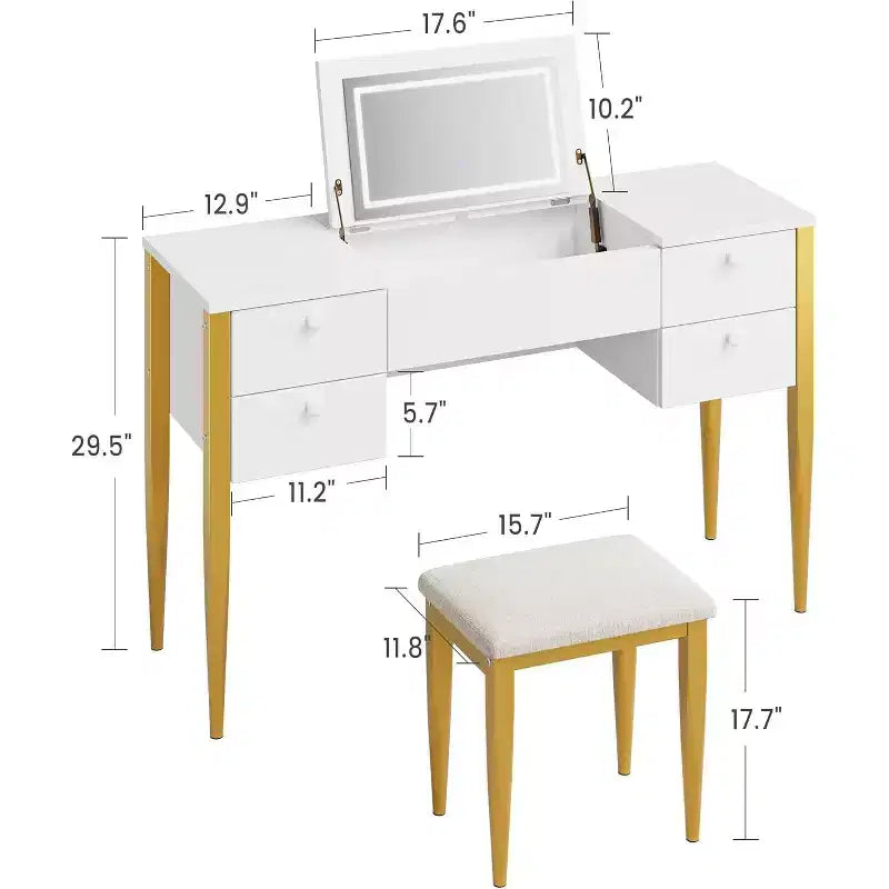 Coiffeuse de 47" avec miroir rabattable, ensemble de coiffeuse moderne avec chaise et 5 tiroirs pour chambre à coucher, dressing, vestiaire
