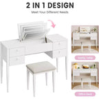 Coiffeuse de 47" avec miroir rabattable, ensemble de coiffeuse moderne avec chaise et 5 tiroirs pour chambre à coucher, dressing, vestiaire