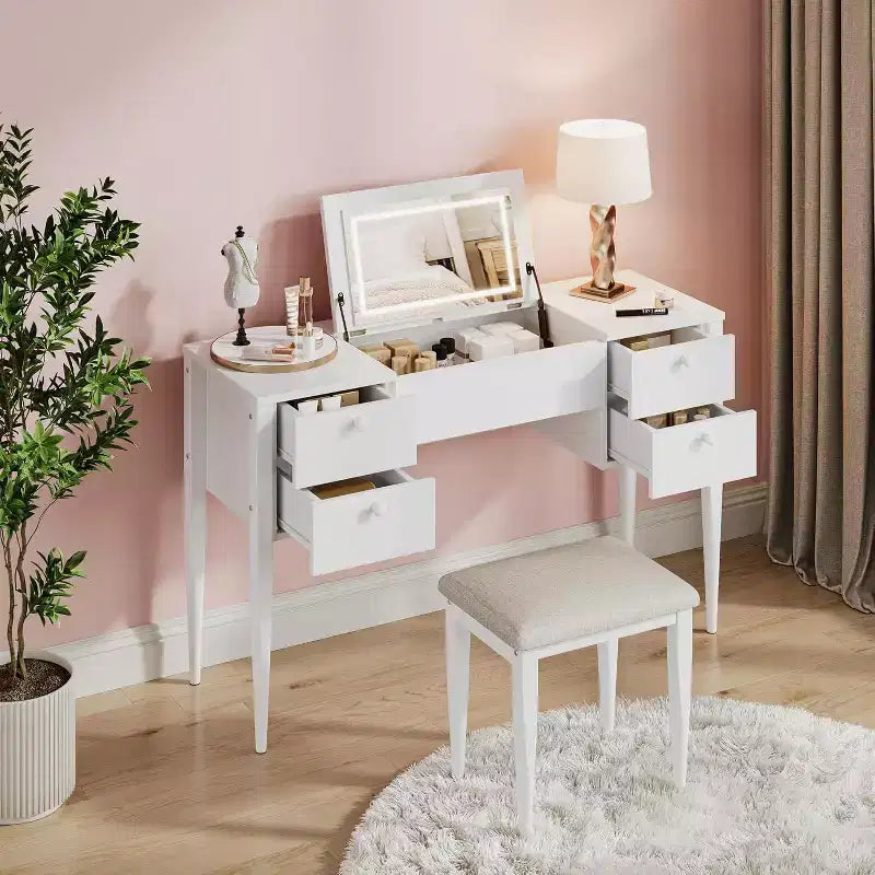 Coiffeuse de 47" avec miroir rabattable, ensemble de coiffeuse moderne avec chaise et 5 tiroirs pour chambre à coucher, dressing, vestiaire