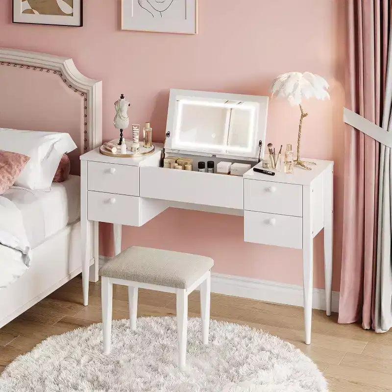 Coiffeuse de 47" avec miroir rabattable, ensemble de coiffeuse moderne avec chaise et 5 tiroirs pour chambre à coucher, dressing, vestiaire