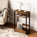 Table d'appoint étroite, table d'appoint fine à 3 niveaux avec étagère de rangement, tables d'appoint minces modernes pour canapé pour petits espaces, table de chevet avec porte-revues peu encombrante