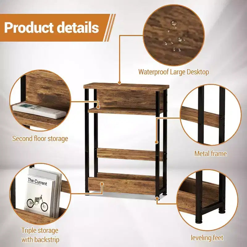 Table d'appoint étroite, table d'appoint fine à 3 niveaux avec étagère de rangement, tables d'appoint minces modernes pour canapé pour petits espaces, table de chevet avec porte-revues peu encombrante