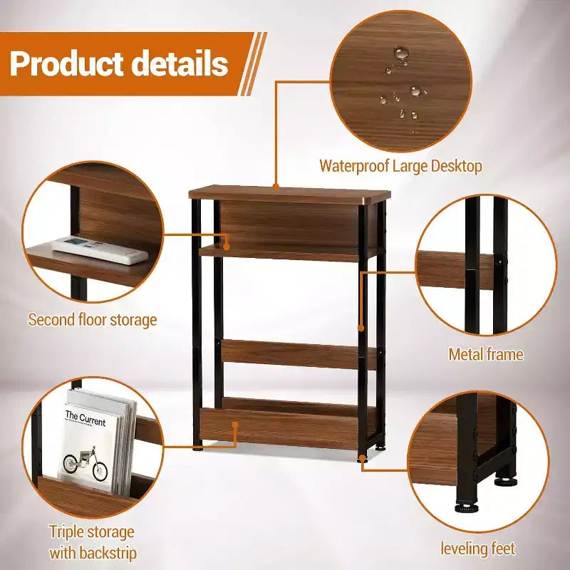 Table d'appoint étroite, table d'appoint fine à 3 niveaux avec étagère de rangement, tables d'appoint minces modernes pour canapé pour petits espaces, table de chevet avec porte-revues peu encombrante
