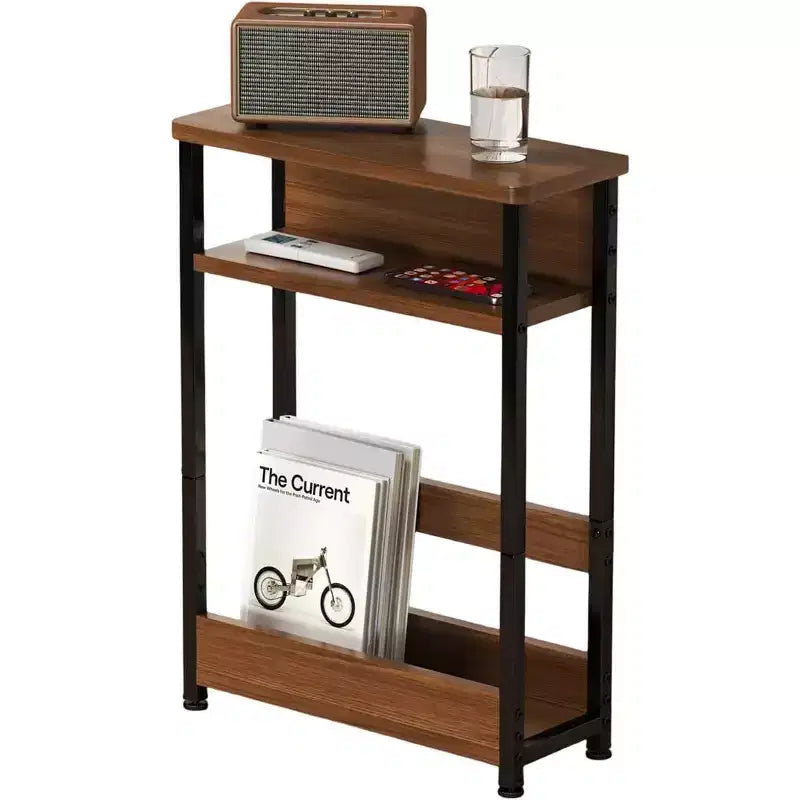 Table d'appoint étroite, table d'appoint fine à 3 niveaux avec étagère de rangement, tables d'appoint minces modernes pour canapé pour petits espaces, table de chevet avec porte-revues peu encombrante