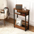 Table d'appoint étroite, table d'appoint fine à 3 niveaux avec étagère de rangement, tables d'appoint minces modernes pour canapé pour petits espaces, table de chevet avec porte-revues peu encombrante