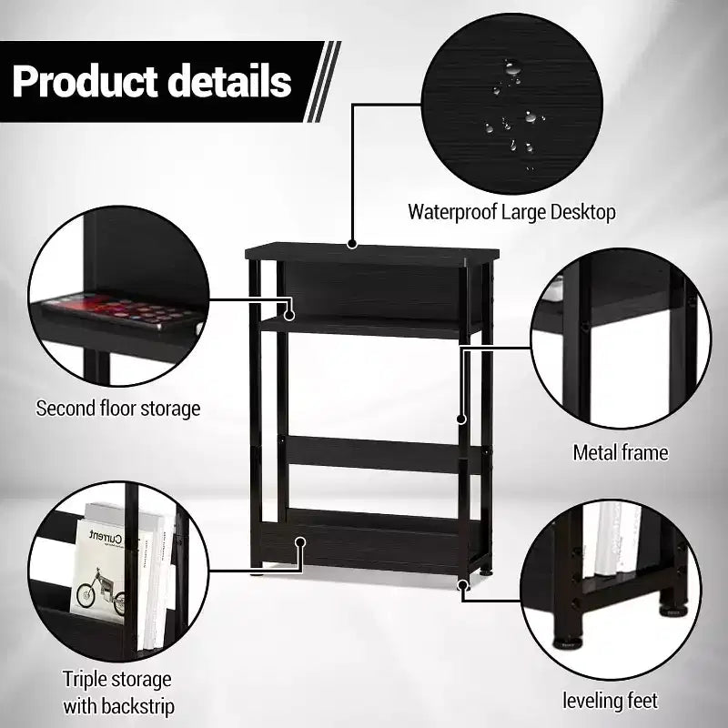 Table d'appoint étroite, table d'appoint fine à 3 niveaux avec étagère de rangement, tables d'appoint minces modernes pour canapé pour petits espaces, table de chevet avec porte-revues peu encombrante