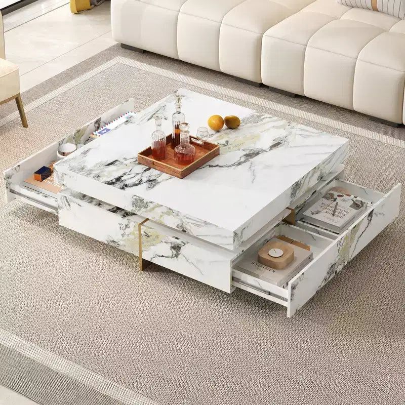 Table basse carrée Table de salon Table d'appoint Canapé Table d'appoint flottante avec 4 tiroirs et motif marbre, Blanc - ModernLuxe