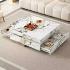 Table basse carrée Table de salon Table d'appoint Canapé Table d'appoint flottante avec 4 tiroirs et motif marbre, Blanc - ModernLuxe