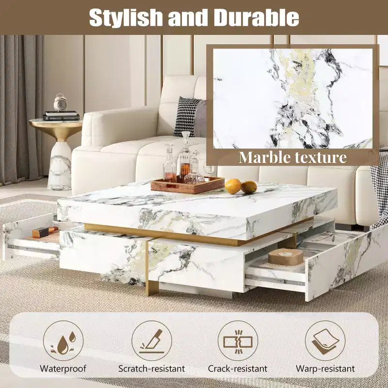 Table basse carrée Table de salon Table d'appoint Canapé Table d'appoint flottante avec 4 tiroirs et motif marbre, Blanc - ModernLuxe