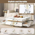Table basse carrée Table de salon Table d'appoint Canapé Table d'appoint flottante avec 4 tiroirs et motif marbre, Blanc - ModernLuxe