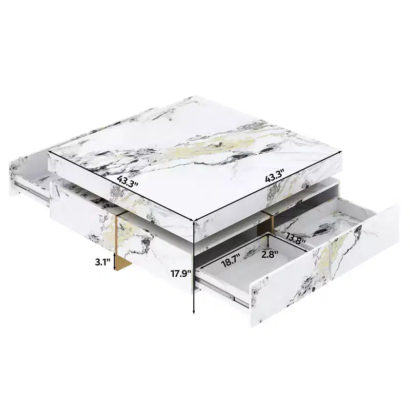 Table basse carrée Table de salon Table d'appoint Canapé Table d'appoint flottante avec 4 tiroirs et motif marbre, Blanc - ModernLuxe