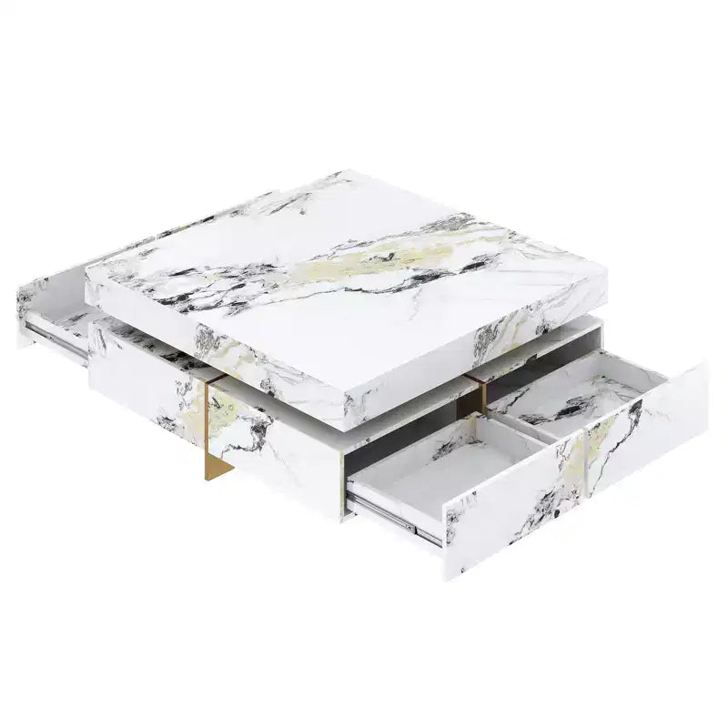 Table basse carrée Table de salon Table d'appoint Canapé Table d'appoint flottante avec 4 tiroirs et motif marbre, Blanc - ModernLuxe