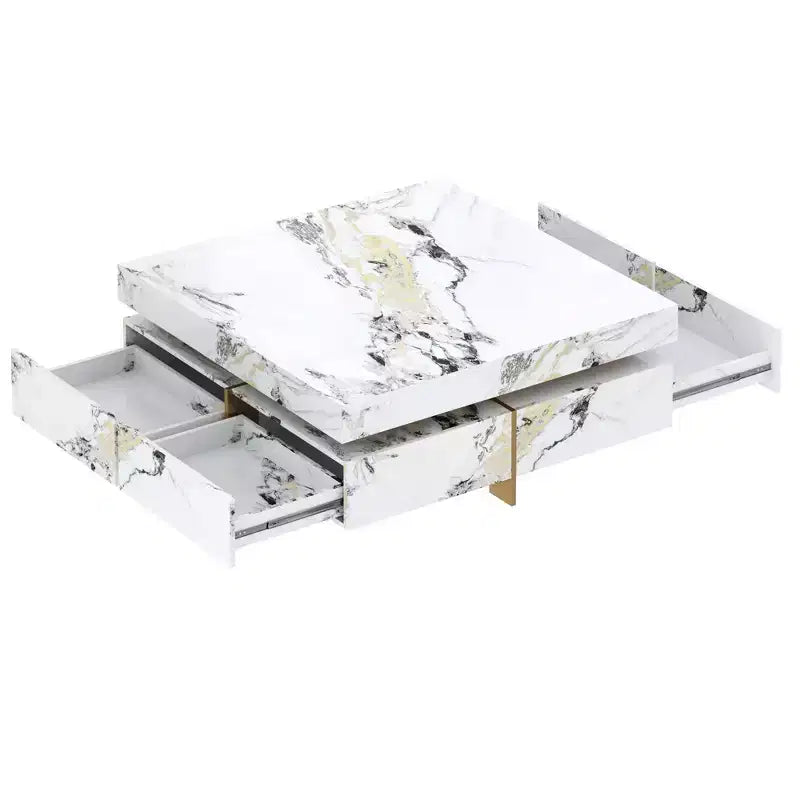 Table basse carrée Table de salon Table d'appoint Canapé Table d'appoint flottante avec 4 tiroirs et motif marbre, Blanc - ModernLuxe