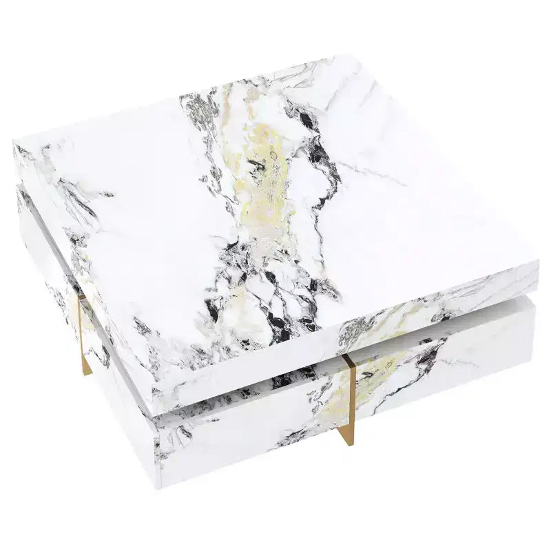 Table basse carrée Table de salon Table d'appoint Canapé Table d'appoint flottante avec 4 tiroirs et motif marbre, Blanc - ModernLuxe
