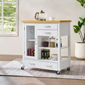 Okak Kitchen Island Cart with Glass Cabinet Door, Kitchen Cart with 4 Drawers, 1 Shelf and Towel Bar, Countertop Organizer for Dining Room, White+Oak
