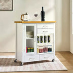 Chariot d'îlot de cuisine Okak avec porte vitrée, chariot de cuisine avec 4 tiroirs, 1 étagère et porte-serviettes, organiseur de comptoir pour salle à manger, blanc + chêne