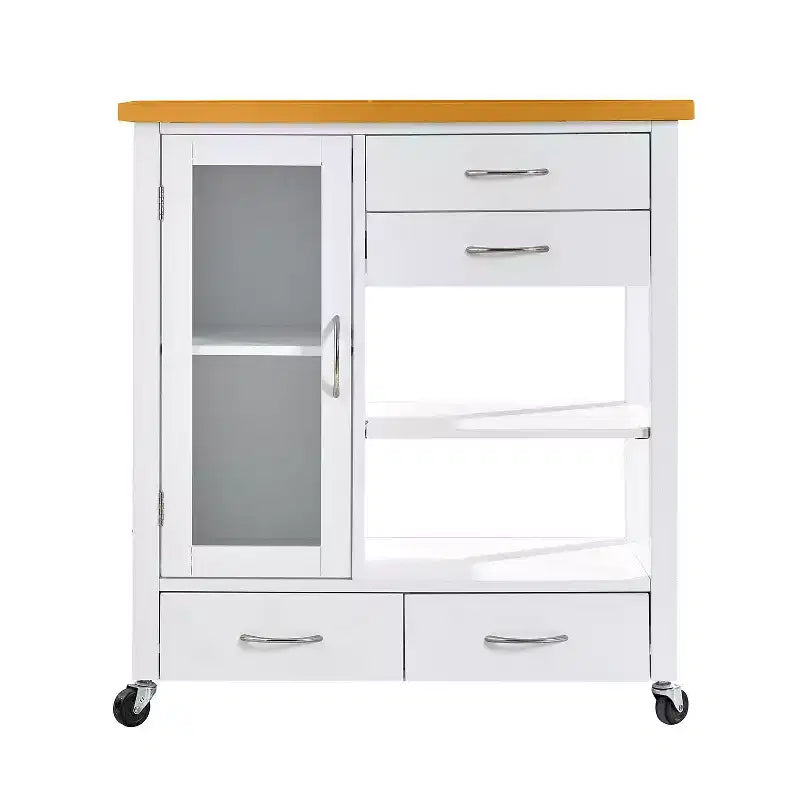 Chariot d'îlot de cuisine Okak avec porte vitrée, chariot de cuisine avec 4 tiroirs, 1 étagère et porte-serviettes, organiseur de comptoir pour salle à manger, blanc + chêne