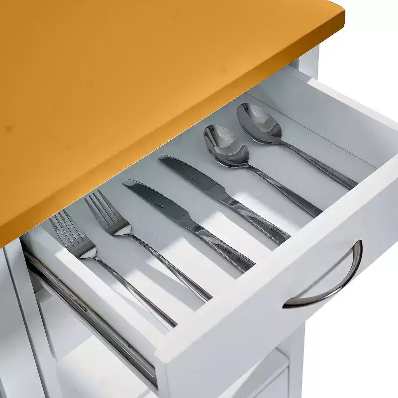 Chariot d'îlot de cuisine Okak avec porte vitrée, chariot de cuisine avec 4 tiroirs, 1 étagère et porte-serviettes, organiseur de comptoir pour salle à manger, blanc + chêne