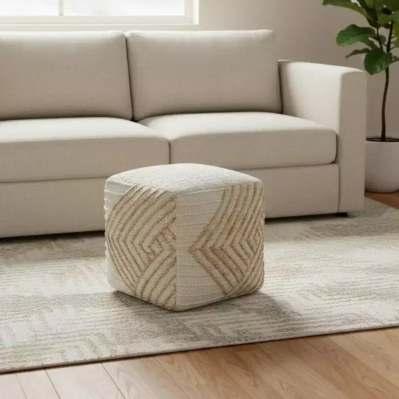HomeRoots Pouf ottoman HomeRoots 18 po en jute et laine de coton naturel et blanc cassé à motif géométrique cube