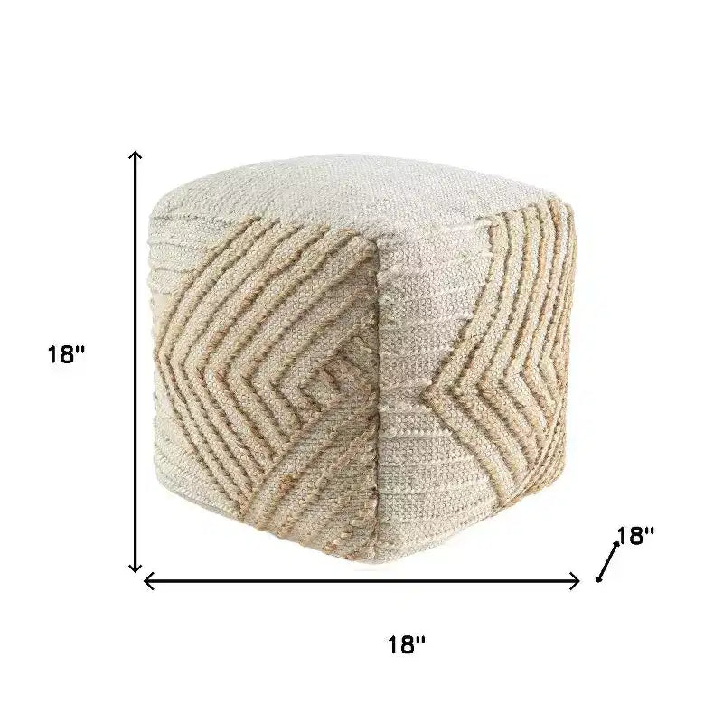 HomeRoots Pouf ottoman HomeRoots 18 po en jute et laine de coton naturel et blanc cassé à motif géométrique cube