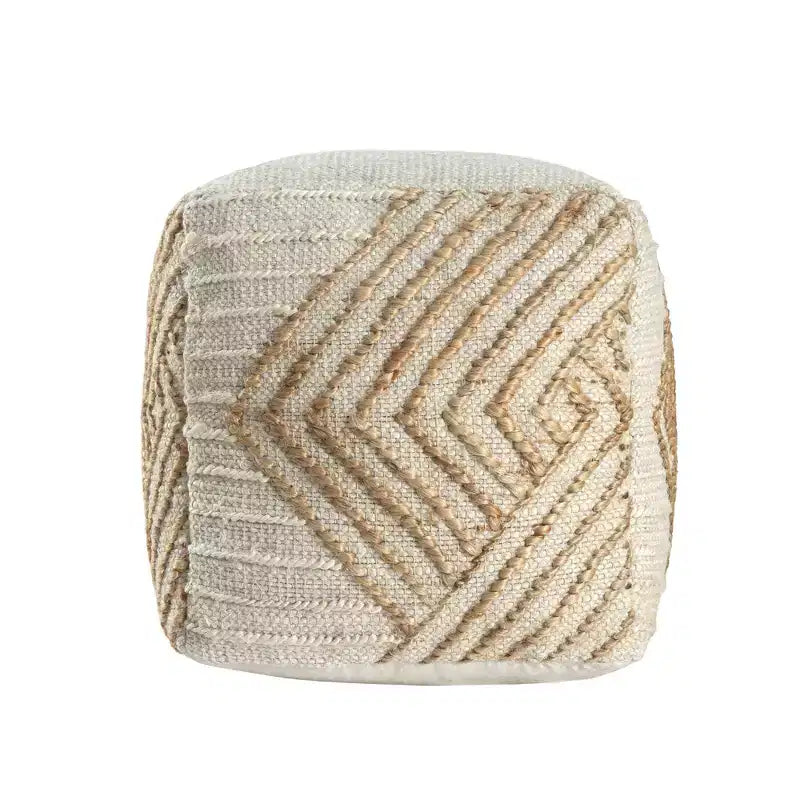 HomeRoots Pouf ottoman HomeRoots 18 po en jute et laine de coton naturel et blanc cassé à motif géométrique cube