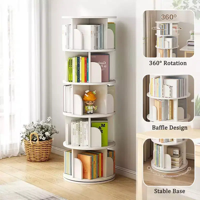 Étagère rotative à 5 niveaux, bibliothèque tournante à 360° pour la présentation, tour de bibliothèque rotative peu encombrante pour chambre, salon, bureau
