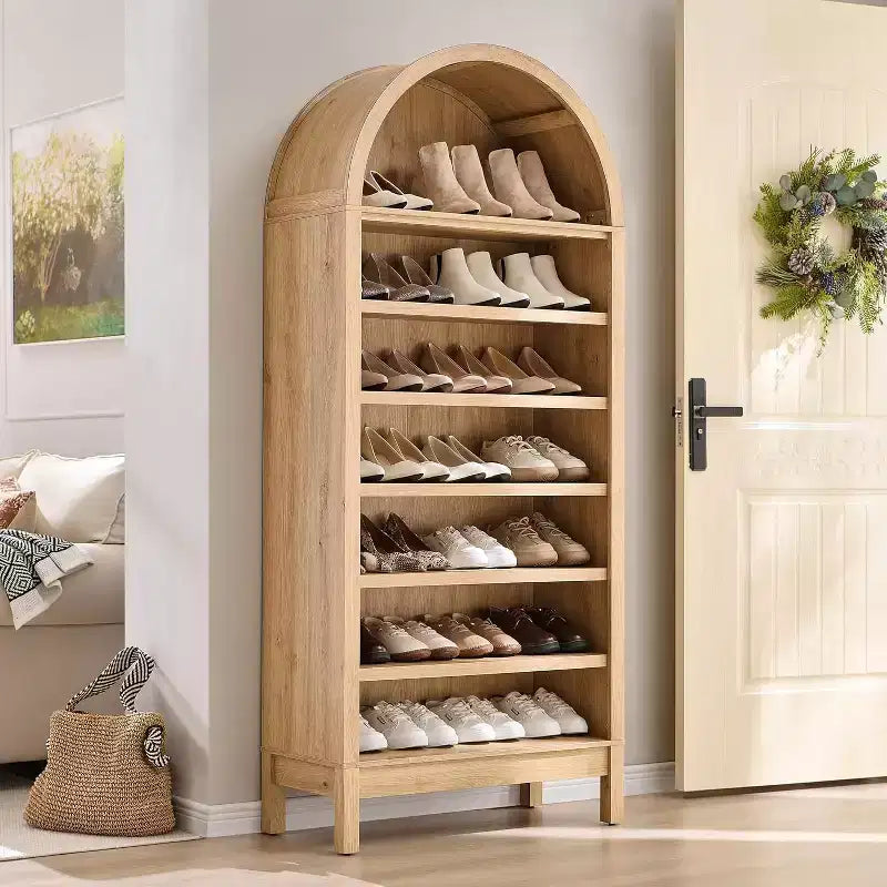 Meuble de rangement à chaussures arqué de 180 cm de haut pour entrée, organisateur de chaussures en bois à 7 niveaux avec étagères réglables, meuble d'exposition moderne pour couloir et chambre à coucher