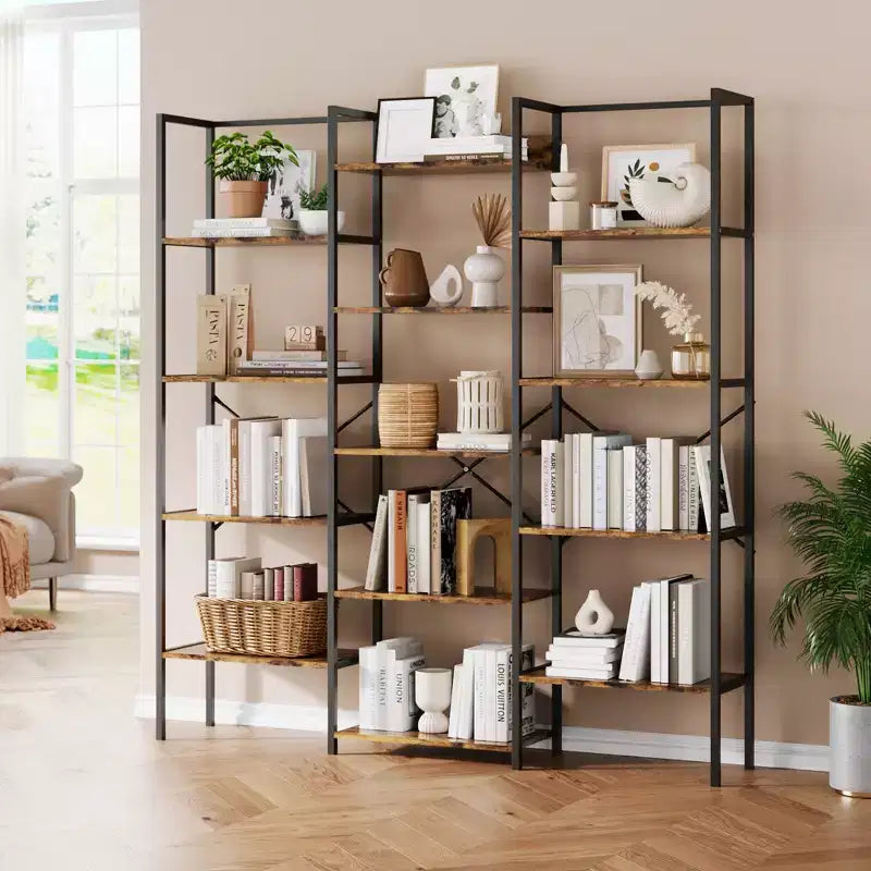Étagère à 5 niveaux, grande bibliothèque industrielle avec 14 étagères ouvertes, grande étagère bibliothèque, étagère large pour la maison et le bureau
