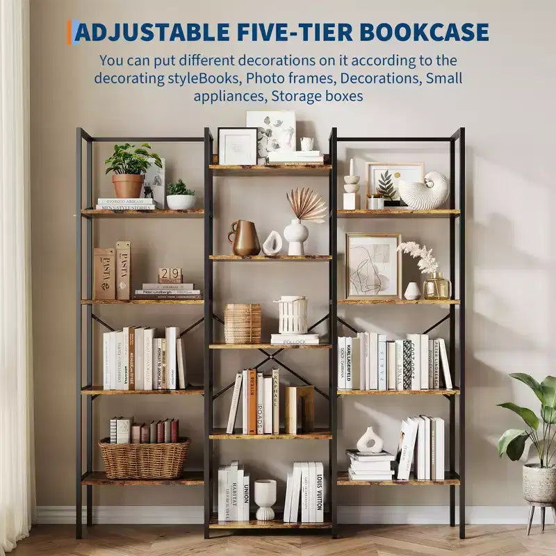 Étagère à 5 niveaux, grande bibliothèque industrielle avec 14 étagères ouvertes, grande étagère bibliothèque, étagère large pour la maison et le bureau