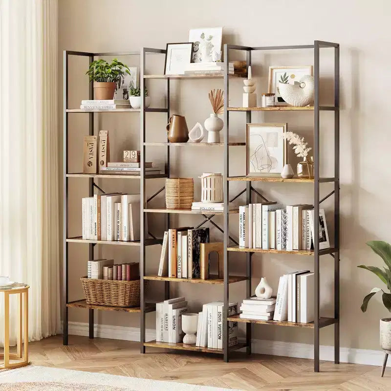 Étagère à 5 niveaux, grande bibliothèque industrielle avec 14 étagères ouvertes, grande étagère bibliothèque, étagère large pour la maison et le bureau