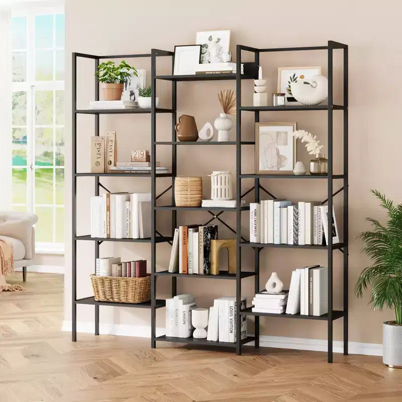 Étagère à 5 niveaux, grande bibliothèque industrielle avec 14 étagères ouvertes, grande étagère bibliothèque, étagère large pour la maison et le bureau