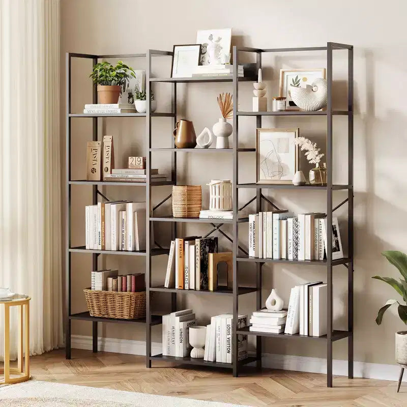 Étagère à 5 niveaux, grande bibliothèque industrielle avec 14 étagères ouvertes, grande étagère bibliothèque, étagère large pour la maison et le bureau
