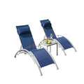Pool Lounge Chairs, Adjustable Aluminum Outdoor Recliners, All-Weather Use for Decks, Lawns, Poolside, Backyards (Blue, 2 Lounge Chairs + 1 Table)
