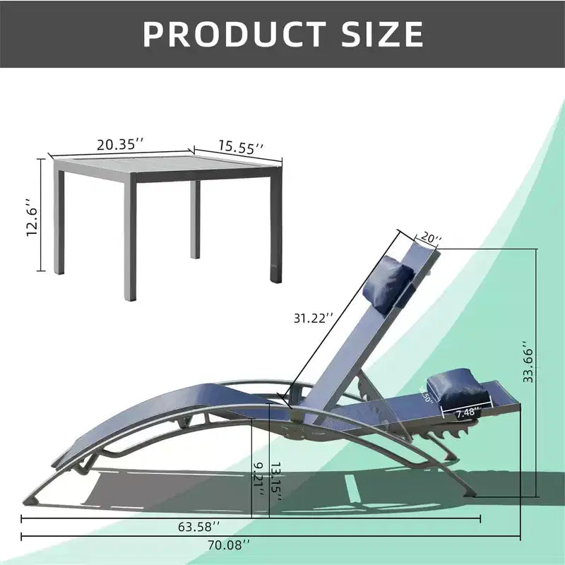 Chaises longues de piscine, transats d'extérieur réglables en aluminium, utilisation toutes saisons pour terrasses, pelouses, bords de piscine, jardins (Bleu, 2 chaises longues + 1 table)