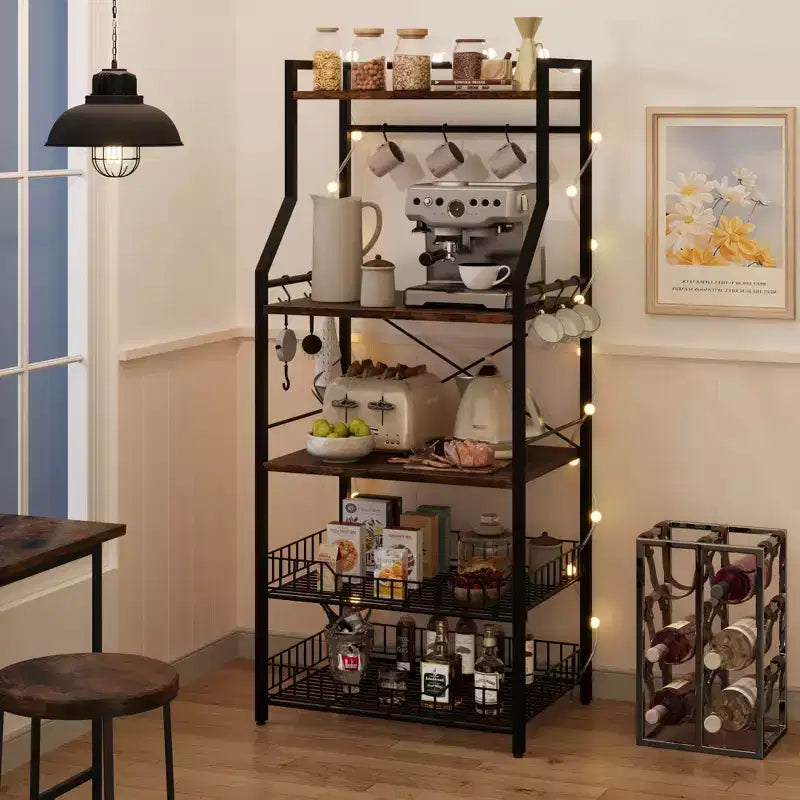 Étagère à micro-ondes rustique à 5 niveaux, meuble de rangement avec pieds réglables et kit anti-basculement