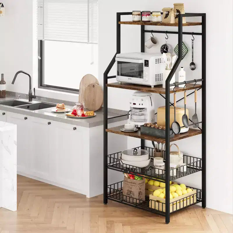 Étagère à micro-ondes rustique à 5 niveaux, meuble de rangement avec pieds réglables et kit anti-basculement