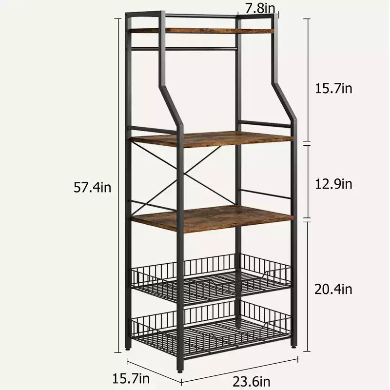 Étagère à micro-ondes rustique à 5 niveaux, meuble de rangement avec pieds réglables et kit anti-basculement