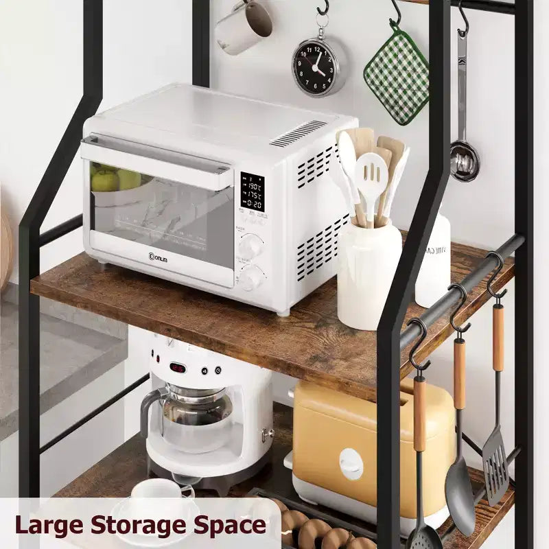 Étagère à micro-ondes rustique à 5 niveaux, meuble de rangement avec pieds réglables et kit anti-basculement