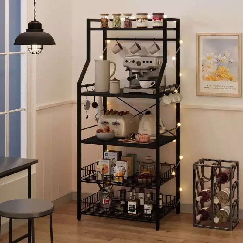 Étagère à micro-ondes rustique à 5 niveaux, meuble de rangement avec pieds réglables et kit anti-basculement