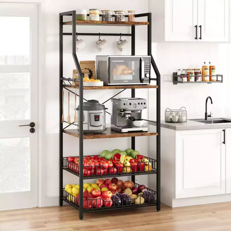 Étagère à micro-ondes rustique à 5 niveaux, meuble de rangement avec pieds réglables et kit anti-basculement