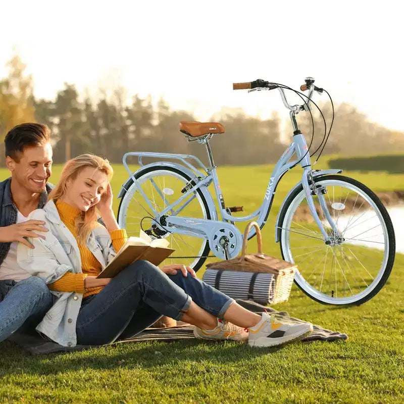 NAYSAYE Vélo de plage Cruiser 24 pouces pour femme, vélo de ville 7 vitesses avec double frein en V, vélo de ville pour adulte femme, homme