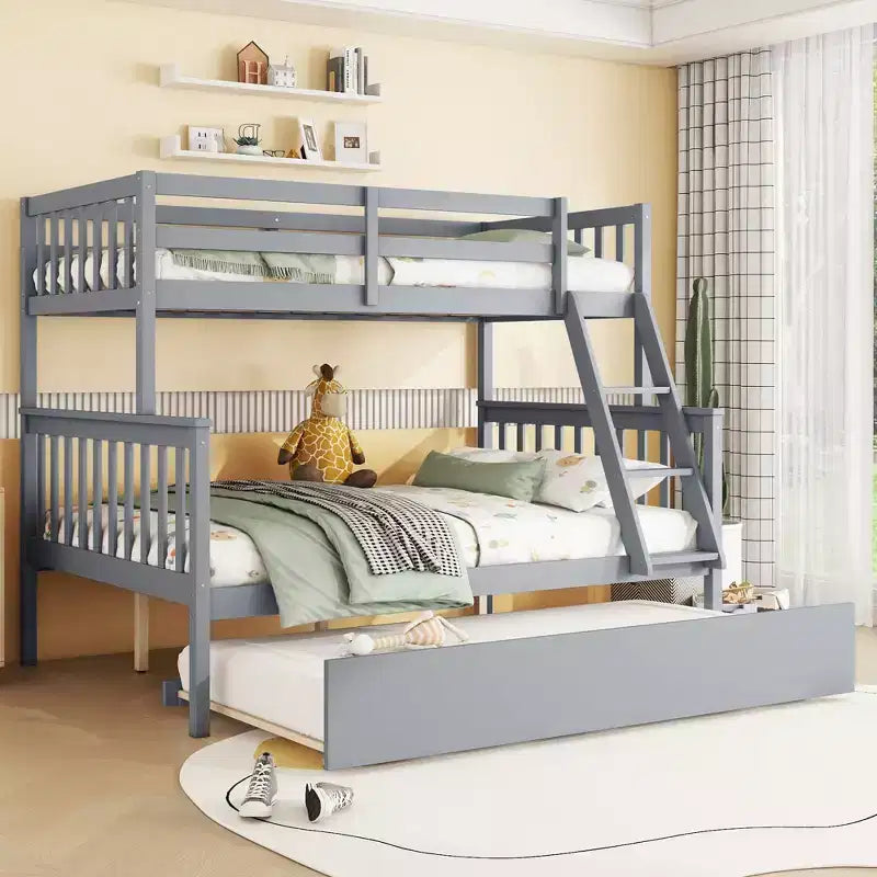 MAYEERTY Lit superposé double en hévéa avec lit gigogne, échelle convertible et garde-corps, lit convertible détachable Gris