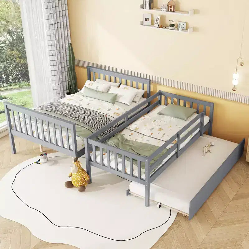 MAYEERTY Lit superposé double en hévéa avec lit gigogne, échelle convertible et garde-corps, lit convertible détachable Gris