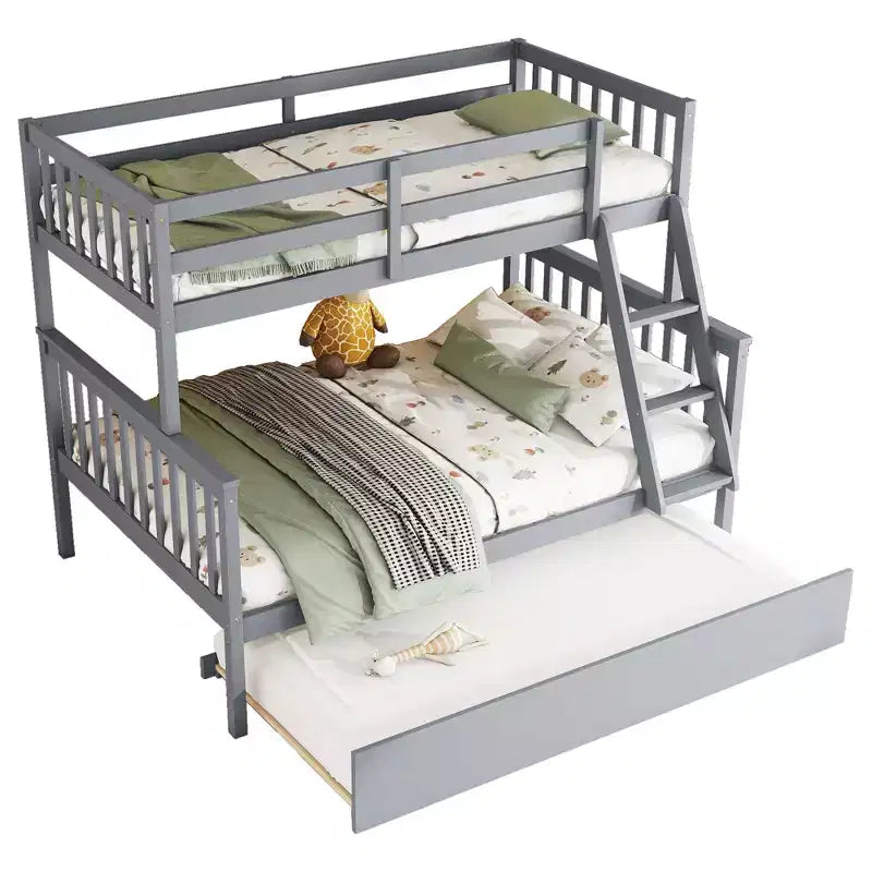 MAYEERTY Lit superposé double en hévéa avec lit gigogne, échelle convertible et garde-corps, lit convertible détachable Gris