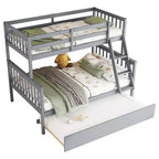 MAYEERTY Lit superposé double en hévéa avec lit gigogne, échelle convertible et garde-corps, lit convertible détachable Gris