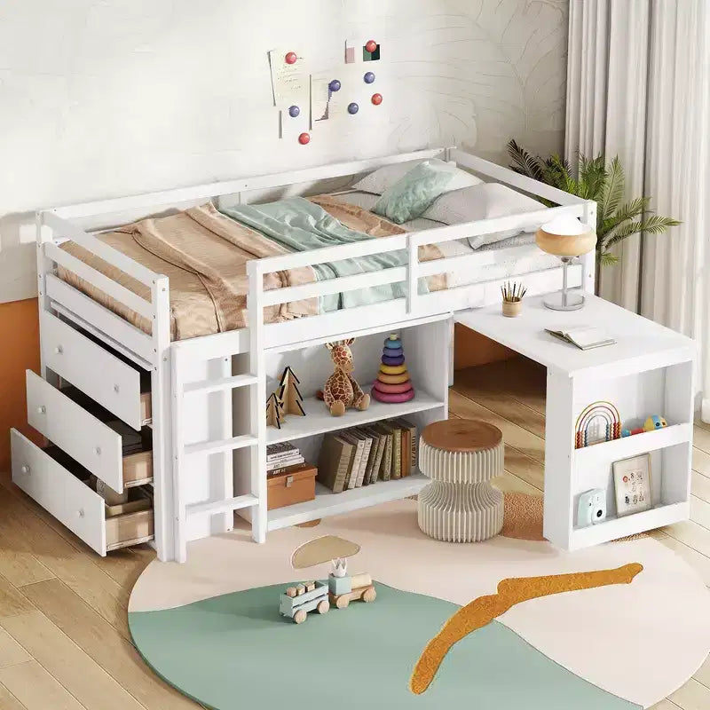 Lit mezzanine MAYEERTY avec tiroir, armoire de rangement et bureau coulissant, lit mezzanine en bois d'hévéa avec garde-corps et échelle, blanc